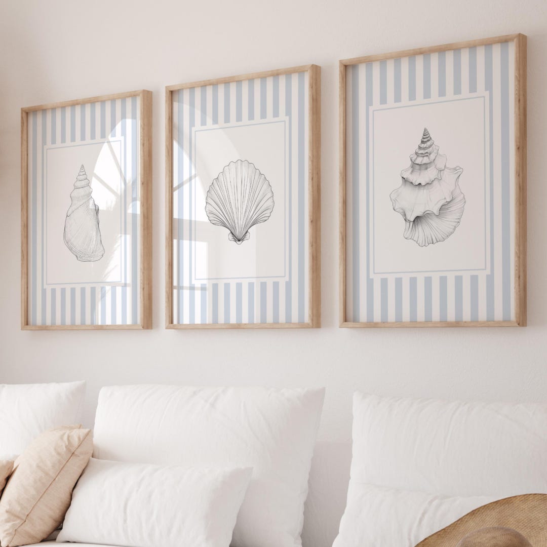 Seashell Wall Art Set | Blue Striped Coastal Prints (Digital Download)
