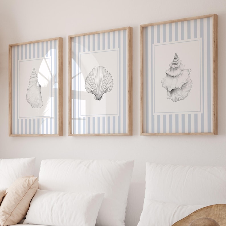 Coastal seashell wall art set of 3 prints with blue stripes beach printable ocean decor for bathroom or living room
