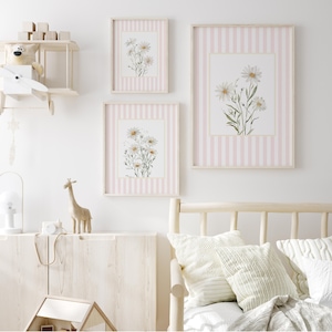 Botanical daisy illustrations on pink striped background printable wall art
