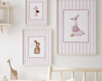 Cottagecore bunny goose mushroom prints boho baby girl room pastel nursery art, print