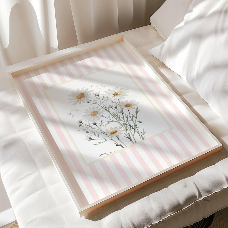 Printable daisy flower wall art set with pink striped background for nursery or kitchen