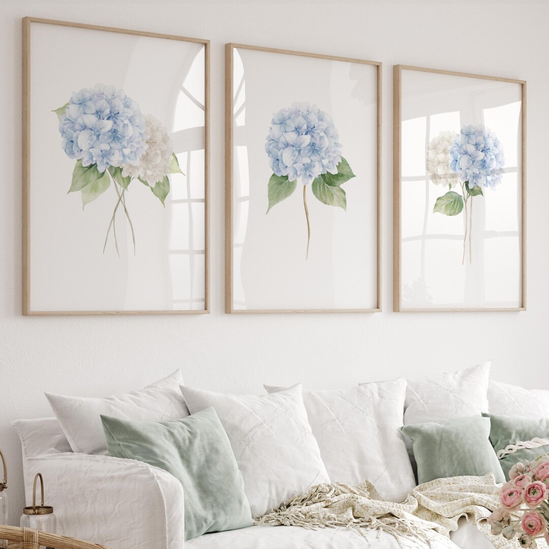 Blue Hydrangea Watercolor Print Set, Botanical Wall Art (digital ...