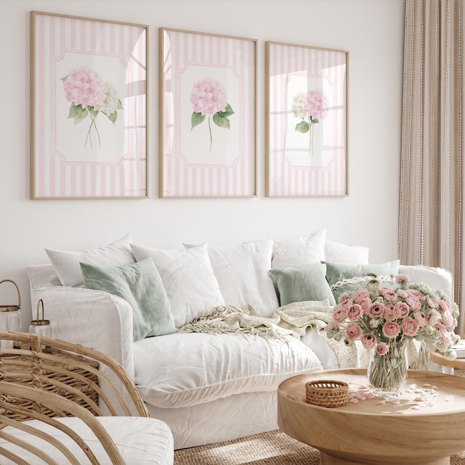 Pink Hydrangea Botanical Print Set, Cottagecore Nursery Decor (digital ...