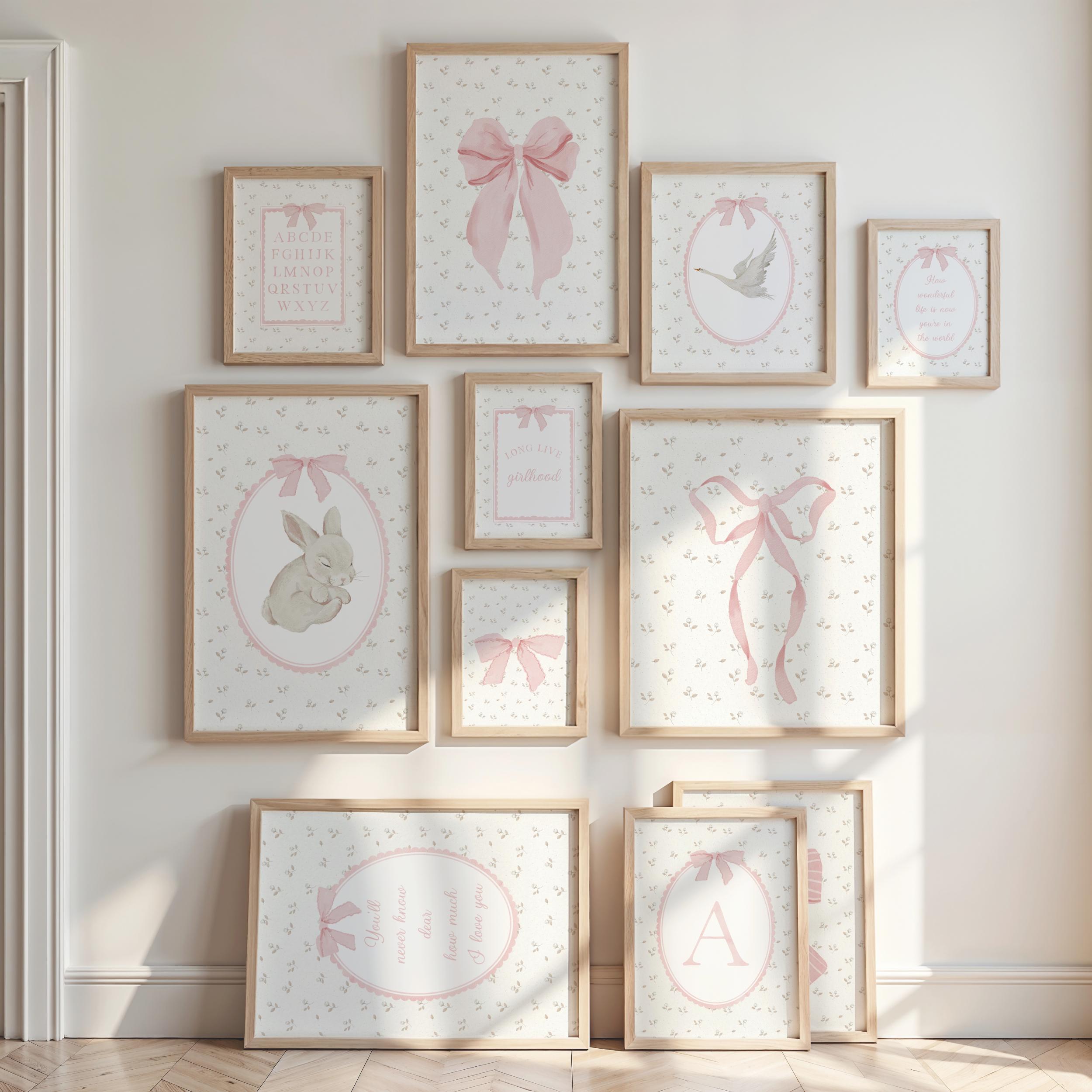Pink Coquette Bow Bunny Swan Nursery Initial Letters Wall Art Baby Girl ...