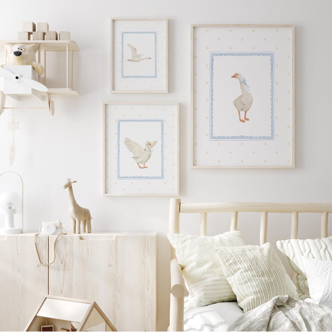 Watercolor Goose Nursery Print Set: Blue & Yellow Vintage Decor ...