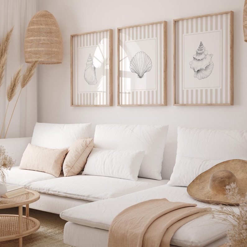 Nautical seashell print set ocean coastal printable wall art for bathroom bedroom living room