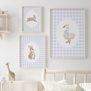 Bunny and Goose Nursery Print Set: Blue Gingham (Digital Download)