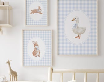 Bunny and Goose Nursery Print Set: Blue Gingham (Digital Download)
