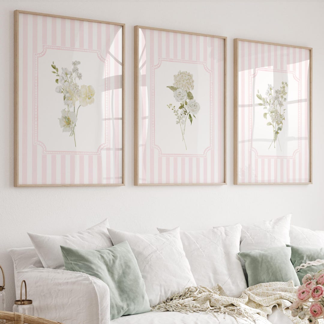 Botanical Flower Prints Set, Pink Stripe Nursery Decor (digital ...