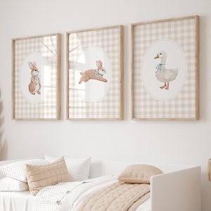 Bunny,Goose Nursery Print,Toddler,Baby Boys Beige Room Decor,Gingham Nursery Decor,Gender Neutral, Plaid,Duck,Vintage Goose Bow,Coquette