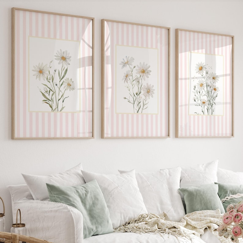 Neutral daisy wall prints with soft pink striped frames printable digital download