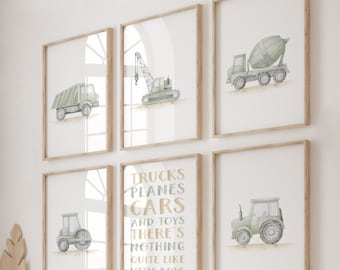 Sage Green Truck Tractor Excavator Nursery Printable Set Baby Boy Room Decor