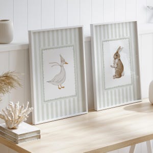 Bunny & Duck Nursery Print Set: Sage Green Vintage Animal Decor (Digital Download)