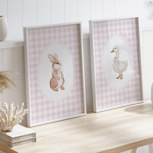 Bunny and Goose Nursery Print: Pink Gingham Decor (Digital Download)