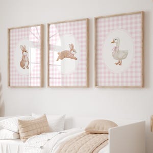 Bunny & Goose Nursery Print Set: Pink Gingham Watercolor (Digital Download)