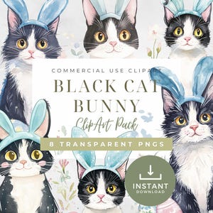 Lot de 8 adorables chats smoking avec des oreilles de lapin et des oeufs de Pâques - parfait pour le printemps et les travaux manuels de Pâques PNG transparents