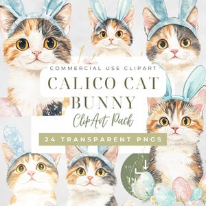 Calico Cat Easter Clipart: Bunny Ears, Eggs PNG Bundle