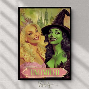 WICKED Illustration of Glinda & Elphaba, Wicked Wall Art, Wicked Witch, Wizard of Oz Home Decor, Emerald City Art, Instant Digital Download