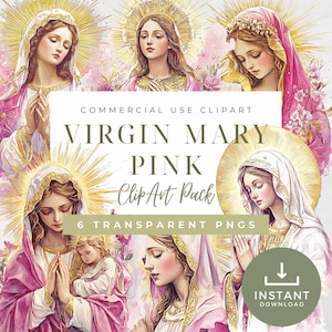 Virgin Mary Clipart Set in Pink | 6 High-Resolution 300 DPI Catholic Illustrations | Marian Art PNG | Religious Christian Digital Art