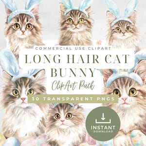 Easter Cat Clipart Bundle: Long Haired Cat with Bunny Ears (PNG Digital Download)