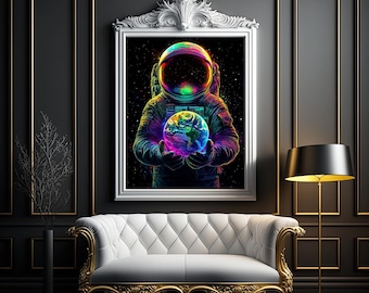 Psychedelische astronaut | Digitale kunstafdruk, kunst aan de muur, AI gegenereerd, AI-kunst, Digitale download, Woondecoratie, Afdrukbaar