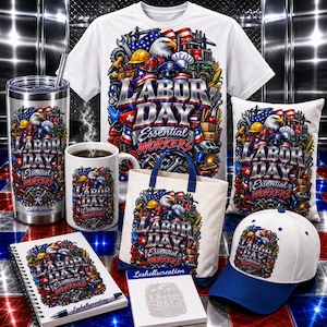 Może przedstawiać: Biały t-shirt, kubek ze stali nierdzewnej, ceramiczny kubek, torba, czapka z daszkiem, notatnik spiralny i notatnik, z grafiką amerykańskiego orła, narzędziami i napisem Labor Day Essential Workers oraz nazwą Leshellscreation.