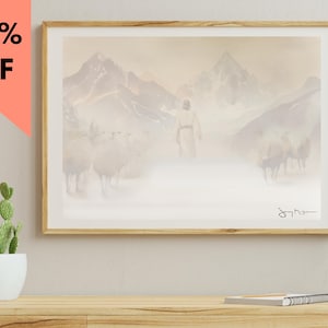 Jesus Leaves the 99, Beige, White, Neutral, modern christian art, christian work, Lost Sheep, Shepherd, Horizontal Faith Art, christian art
