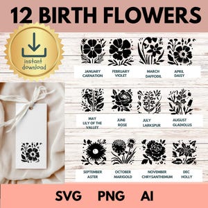 Clipart de flores do mês de nascimento | Pacote PNG floral antigo | Kit criador de impressão de flores do mês de nascimento faça você mesmo | Gráfico de flores | Clipart botânico, SVG