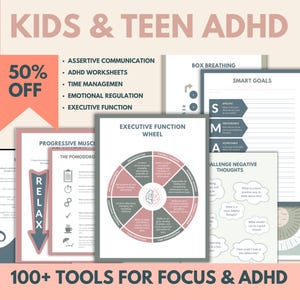 ADHD-Executive-werkbladbundel voor kinderen, tijdmanagement, zelfregulatie, copingvaardigheden, ADHD-vaardigheden, angst, therapiehulpmiddelen