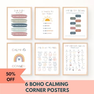 Set of 6 Soft Boho Calming Corner Posters, Coping Techniques Wall Art for Kids, Calm Down Skills, Classroom Management, printable art