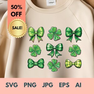 Coquette Saint-Patrick SVG, sweat-shirt porte-bonheur PNG, mignon trèfle noeud trèfle pull St Patty, esthétique Saint-Patrick
