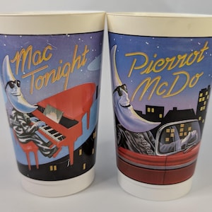 Vintage - &#39;80s - Pair of Pierrot McDo glasses - Mac Tonight - French and English - McDonald&#39;s - 5.5&#39;&#39; tall