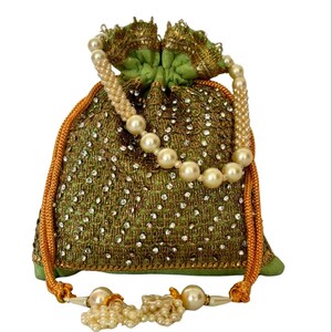 Silk Diamond Potli Bag, Beaded Handle Wrist Purse, Wedding Favor Green