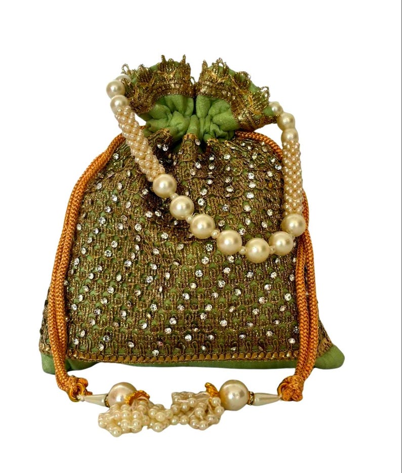 Silk Diamond Potli Bag, Beaded Handle Wrist Purse, Wedding Favor Green