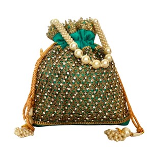 Silk Diamond Potli Bag, Beaded Handle Wrist Purse, Wedding Favor Teal