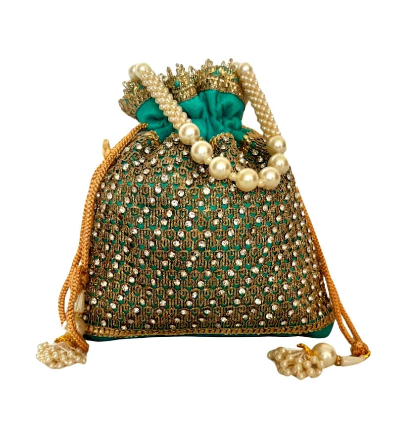 Silk Diamond Potli Bag, Beaded Handle Wrist Purse, Wedding Favor Teal