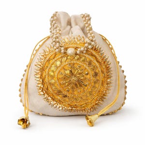 Canvas Patchwork Potli Bag, Beaded Handle, Ethnic Clutch