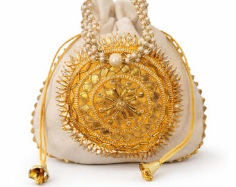 Canvas Patchwork Potli Bag, Beaded Handle, Ethnic Clutch
