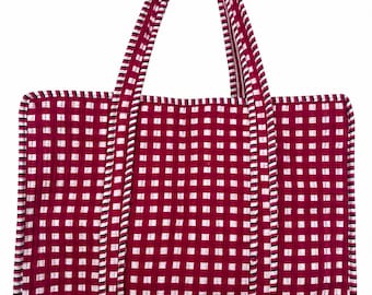 Handmade Quilted Cotton Tote Bag – Magenta Checkered Shopper Bag, Large Everyday Tote, Travel & Beach Bag, Reusable Market Bag, Gift for Her