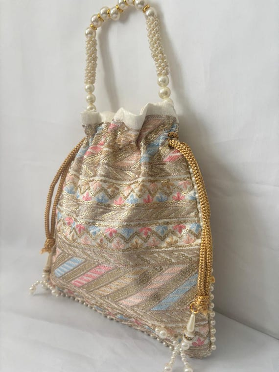 Embroidered Silk Potli Bag, Pearl Handle, Indian Wedding Favor