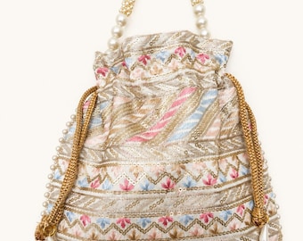 Embroidered Silk Potli Bag, Pearl Handle, Indian Wedding Favor