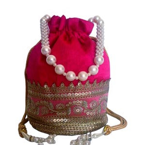 Zari Border Raw Silk Potli Bag, Pearl Handle Wrist Purse