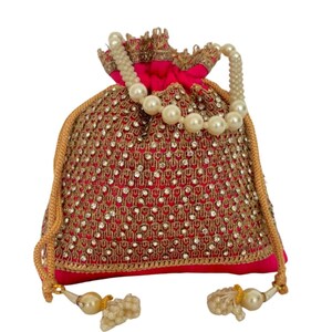 Silk Diamond Potli Bag, Beaded Handle Wrist Purse, Wedding Favor Pink