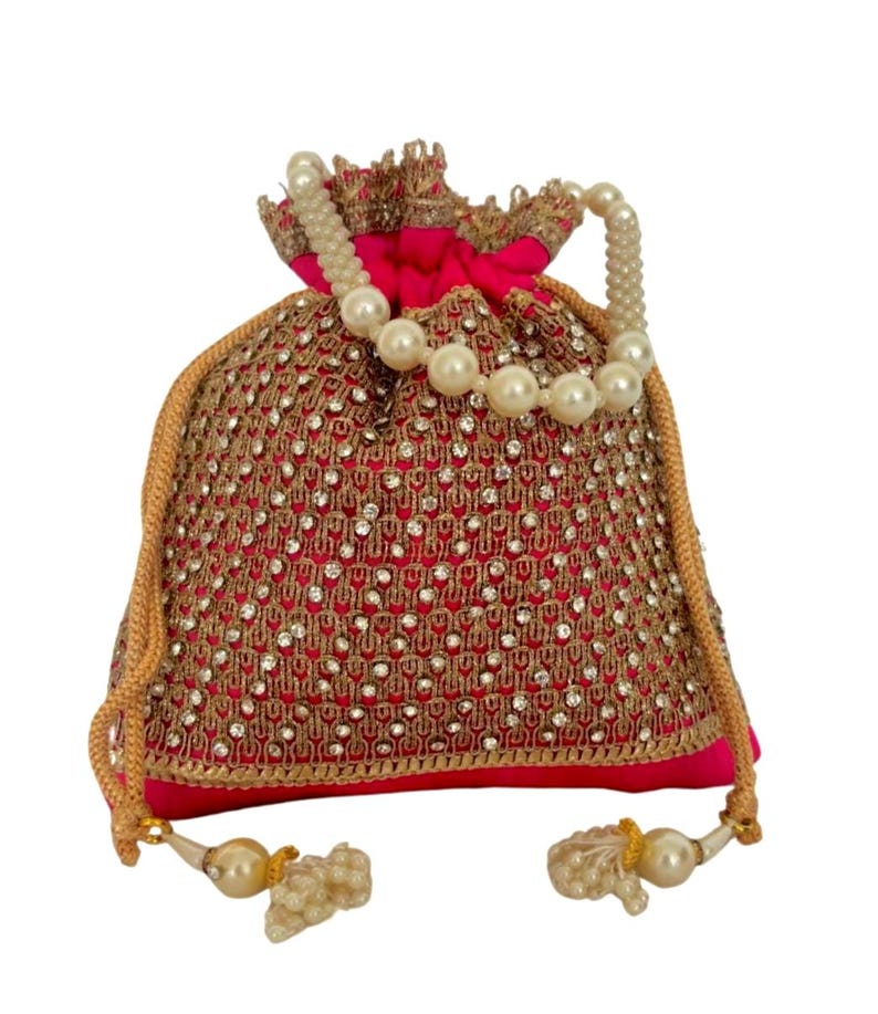 Silk Diamond Potli Bag, Beaded Handle Wrist Purse, Wedding Favor Pink