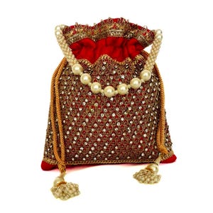 Silk Diamond Potli Bag, Beaded Handle Wrist Purse, Wedding Favor