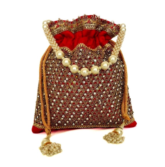 Silk Diamond Potli Bag, Beaded Handle Wrist Purse, Wedding Favor