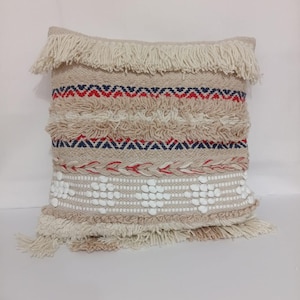 Boho cushion Cover with Fringe, Hand woven Beige Geometrical Pillow, Natural Boho Decor, Handmade Throw Pillow Cover ,Natural Sofa Pillow