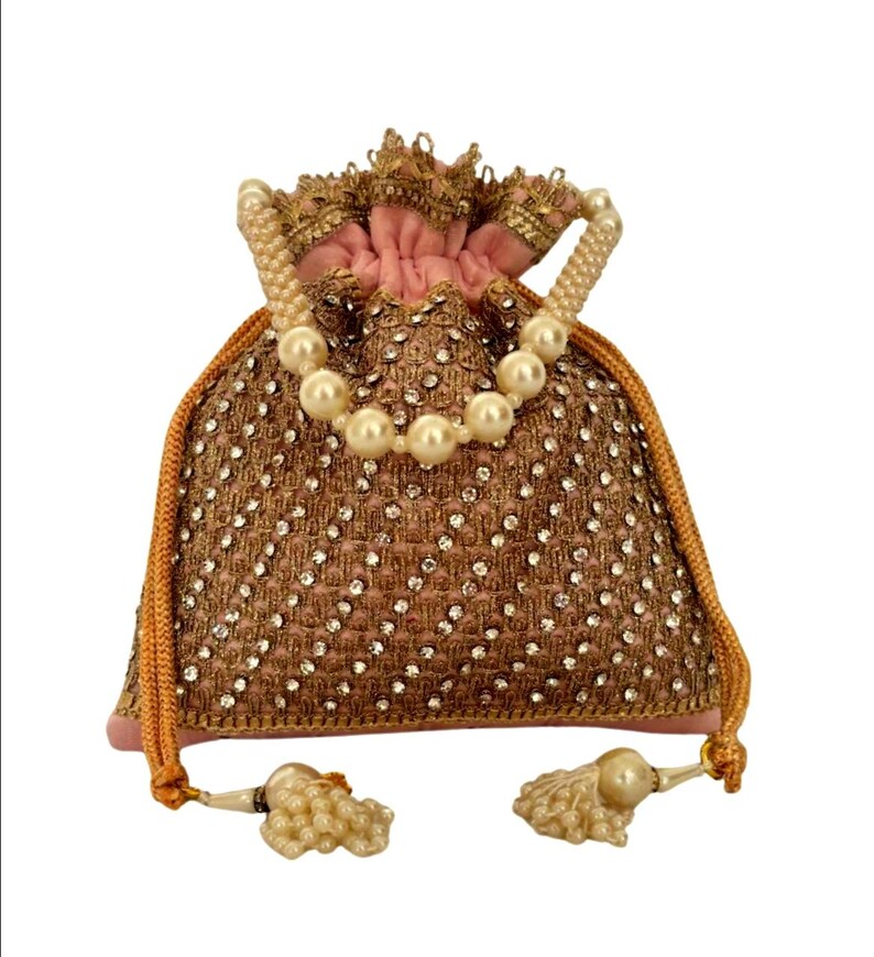Silk Diamond Potli Bag, Beaded Handle Wrist Purse, Wedding Favor Baby Pink