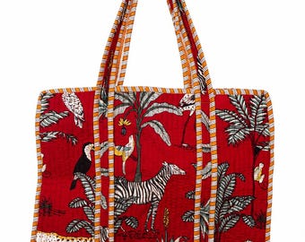 Handmade Red Safari Quilted Cotton Tote, Jungle Animal Shoulder Shopper, Large Everyday Travel Carryall