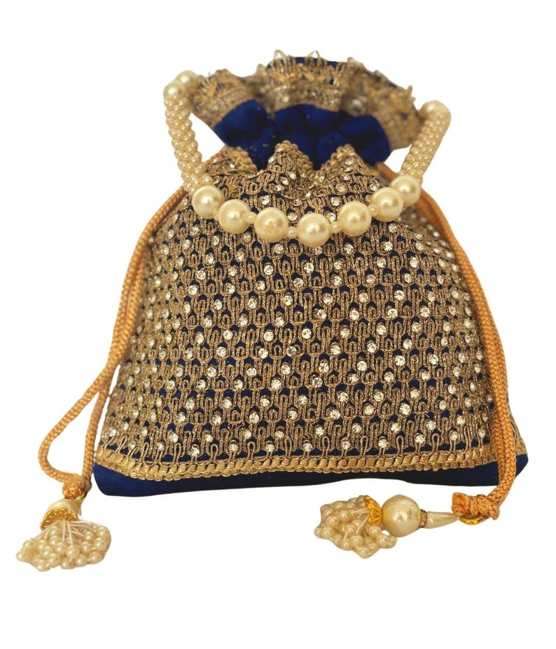 Silk Diamond Potli Bag, Beaded Handle Wrist Purse, Wedding Favor Dark Blue
